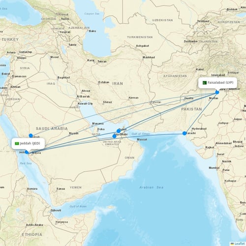 Pakistan International Airlines flights between Jeddah and Faisalabad