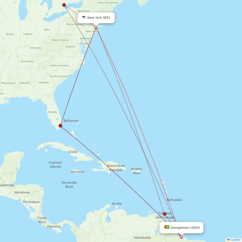 Caribbean Airlines flights between New York and Georgetown