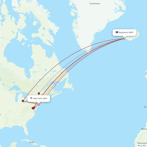 Icelandair flights between New York and Reykjavik