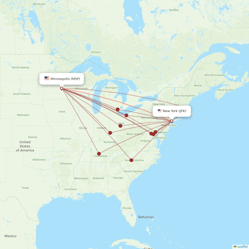 Sun Country Airlines flights between New York and Minneapolis