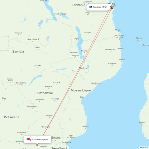 Safair flights between Johannesburg and Zanzibar