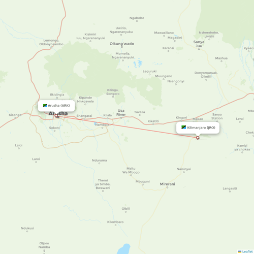 Auric Air flights between Kilimanjaro and Arusha