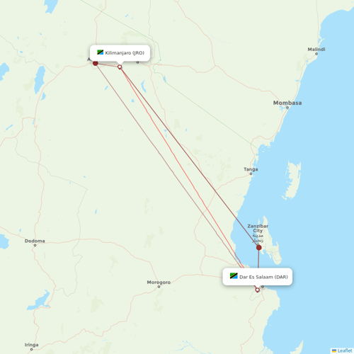 RwandAir flights between Kilimanjaro and Dar Es Salaam