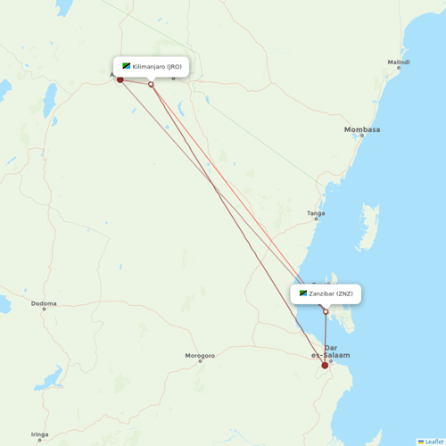 Precision Air flights between Kilimanjaro and Zanzibar