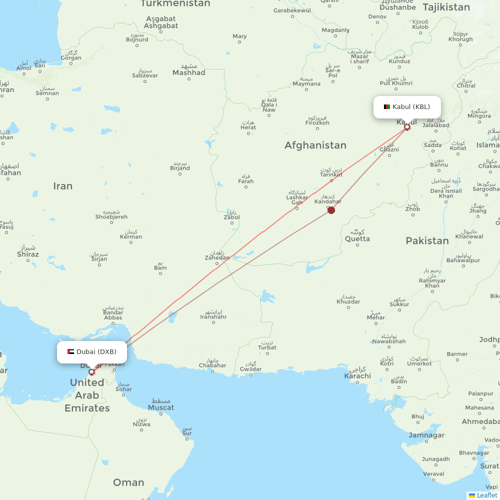Ariana Afghan Airlines flights between Kabul and Dubai