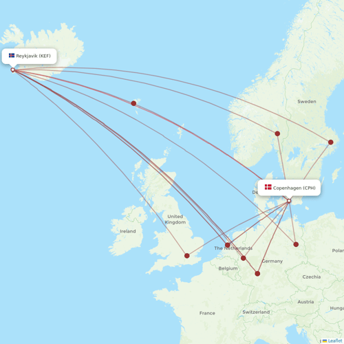 Icelandair flights between Reykjavik and Copenhagen