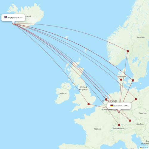 Icelandair flights between Reykjavik and Frankfurt