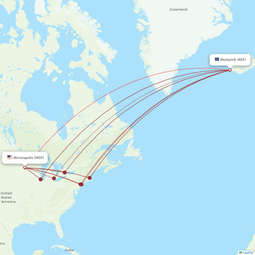 Icelandair flights between Reykjavik and Minneapolis