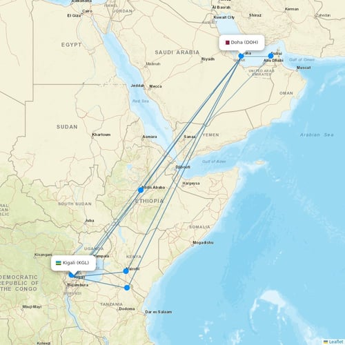 RwandAir flights between Kigali and Doha
