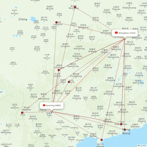 Lucky Air flights between Kunming and Zhengzhou