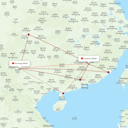 Lucky Air flights between Kunming and Ganzhou