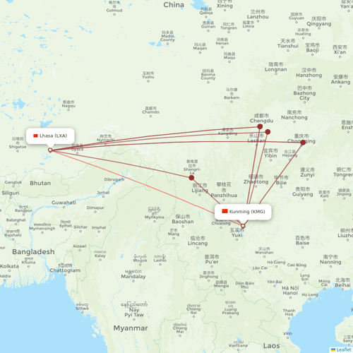 Lucky Air flights between Kunming and Lhasa/Lasa