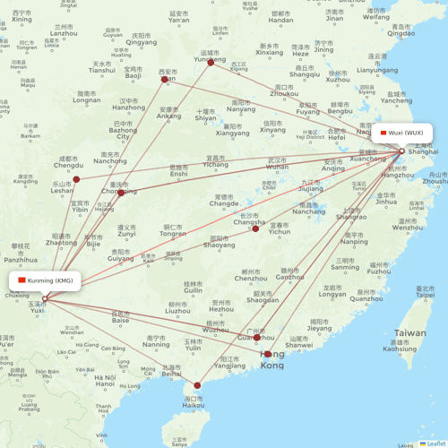 Lucky Air flights between Kunming and Wuxi