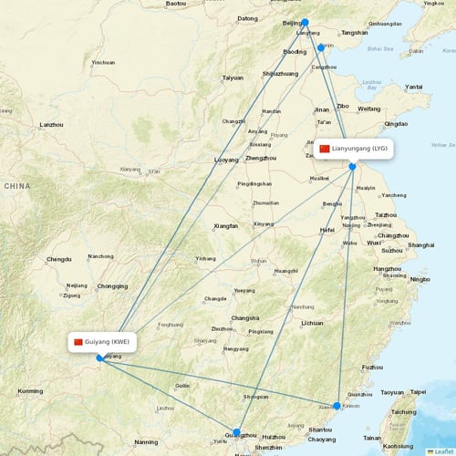 Colorful GuiZhou Airlines flights between Guiyang and Lianyungang
