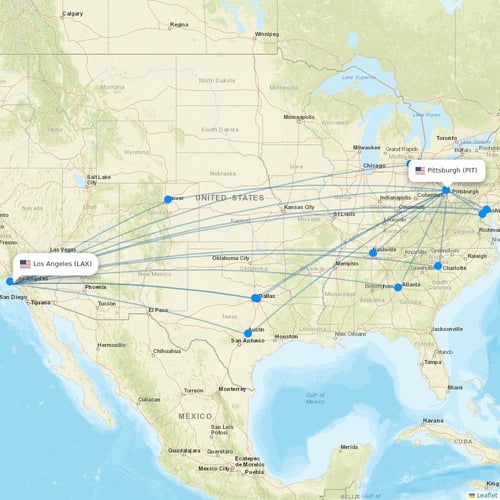 Breeze Airways flights between Los Angeles and Pittsburgh