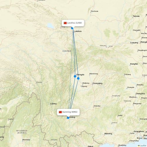 Lucky Air flights between Lanzhou and Kunming