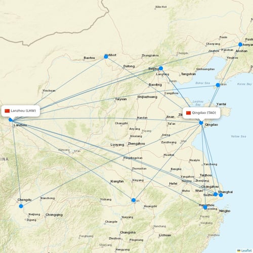 Qingdao Airlines flights between Lanzhou and Qingdao