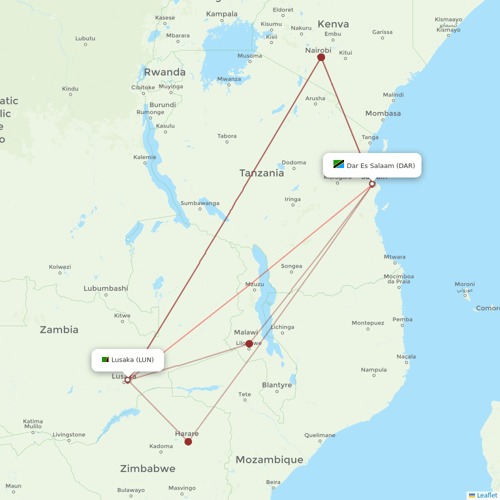Air Tanzania flights between Lusaka and Dar Es Salaam