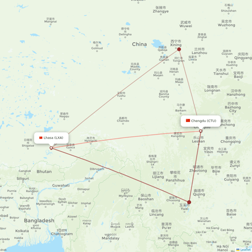 Chengdu Airlines flights between Lhasa/Lasa and Chengdu