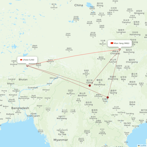 Tibet Airlines flights between Lhasa/Lasa and Mian Yang