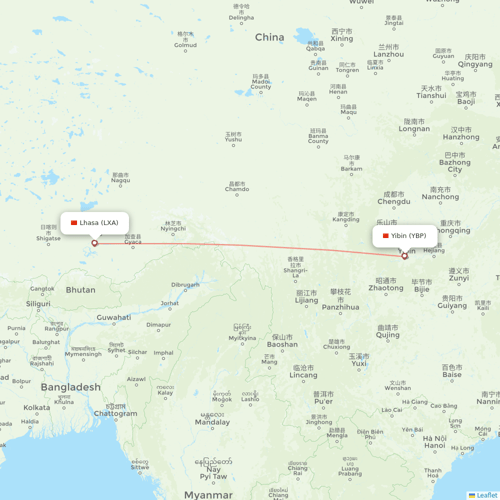 Tibet Airlines flights between Lhasa/Lasa and Yibin