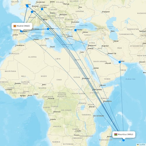 Evelop Airlines flights between Madrid and Mauritius