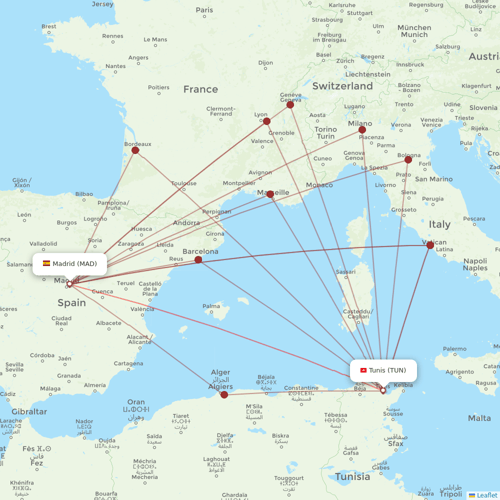 Tunisair flights between Madrid and Tunis
