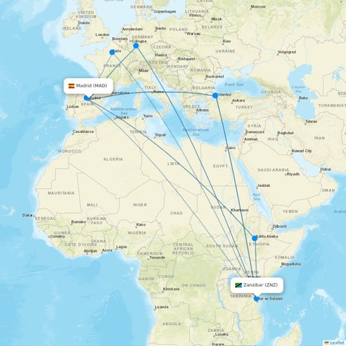 Welcome Air flights between Madrid and Zanzibar