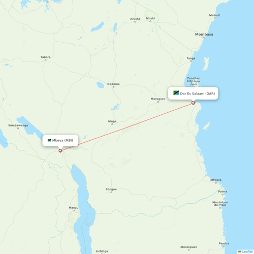 Air Tanzania flights between Mbeya and Dar Es Salaam
