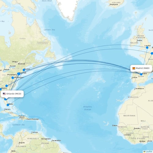 Evelop Airlines flights between Orlando and Madrid