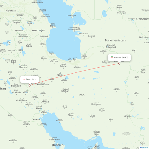 Iran Aseman Airlines flights between Mashad and Ilaam