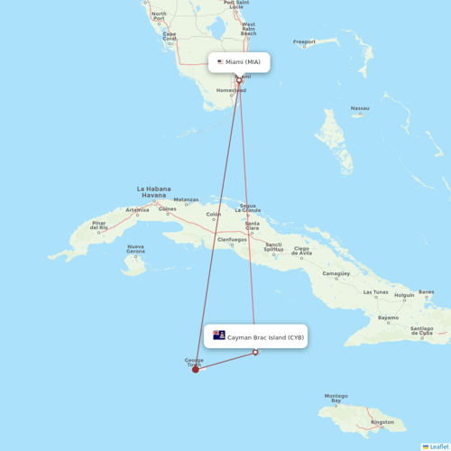 Cayman Airways flights between Miami and Cayman Brac Island