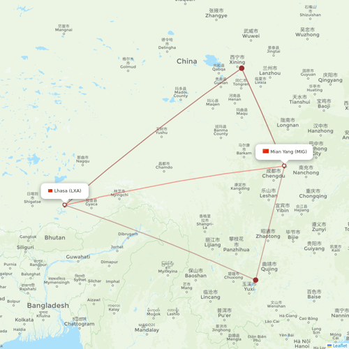 Lucky Air flights between Mian Yang and Lhasa/Lasa