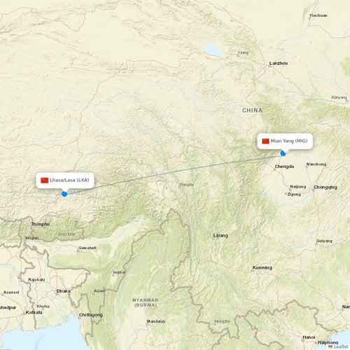 Lucky Air flights between Mian Yang and Lhasa/Lasa