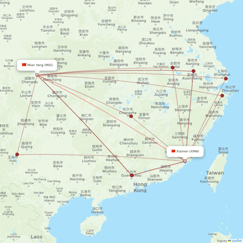 Fuzhou Airlines flights between Mian Yang and Xiamen
