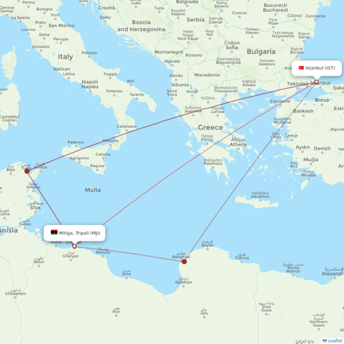 Afriqiyah Airways flights between Mitiga, Tripoli and Istanbul