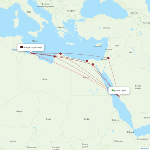 Libyan Airlines flights between Mitiga, Tripoli and Jeddah