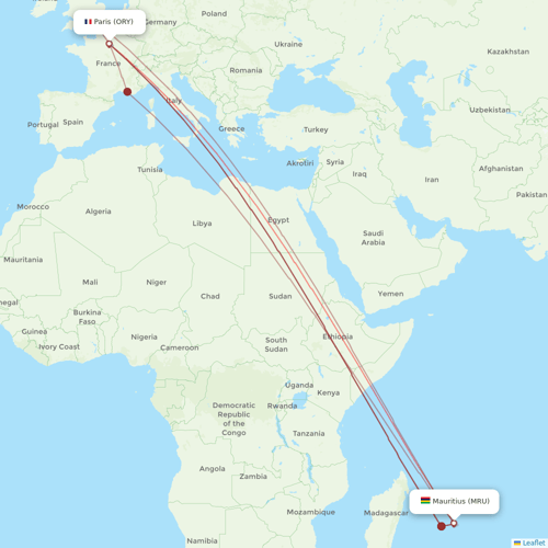 Corsair flights between Mauritius and Paris
