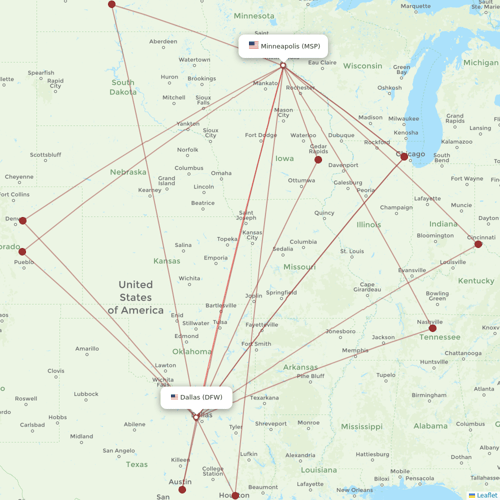 Sun Country Airlines flights between Minneapolis and Dallas