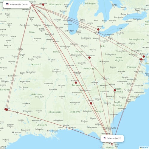 Sun Country Airlines flights between Minneapolis and Orlando