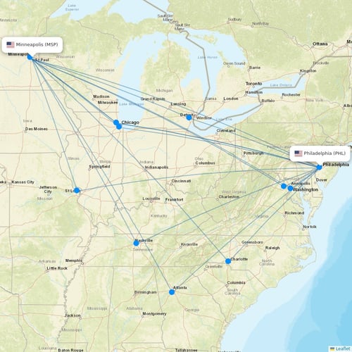 Sun Country Airlines flights between Minneapolis and Philadelphia