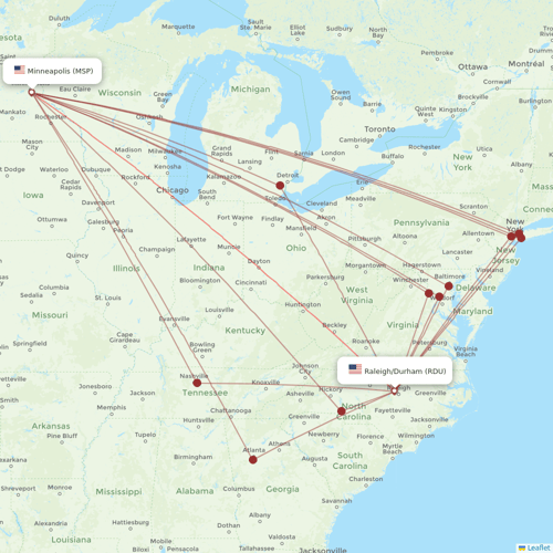 Sun Country Airlines flights between Minneapolis and Raleigh/Durham