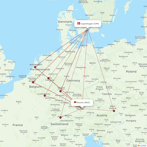 Lufthansa flights between Munich and Copenhagen