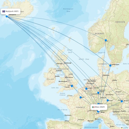 Icelandair flights between Milan and Reykjavik
