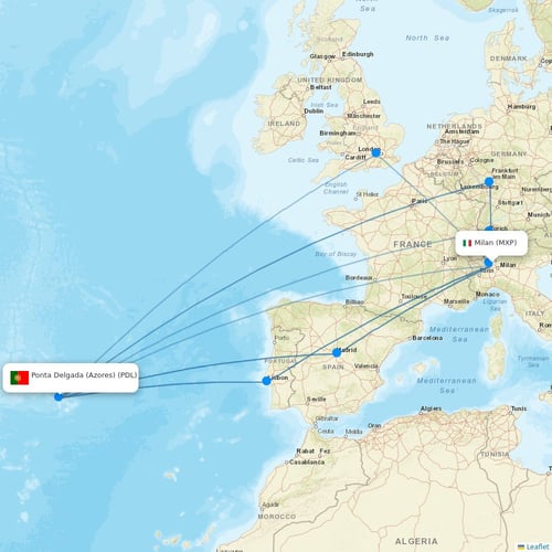 Azores Airlines flights between Milan and Ponta Delgada (Azores)