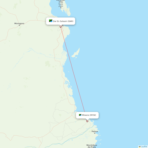 Precision Air flights between Mtwara and Dar Es Salaam