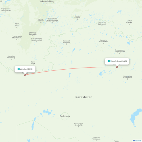Qazaq Air flights between Astana and Aktobe