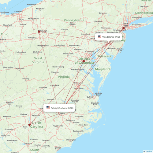 Frontier Airlines flights between Philadelphia and Raleigh/Durham