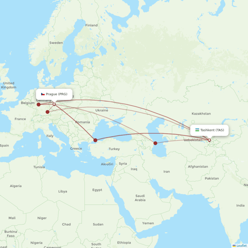 Taban Airlines flights between Prague and Tashkent