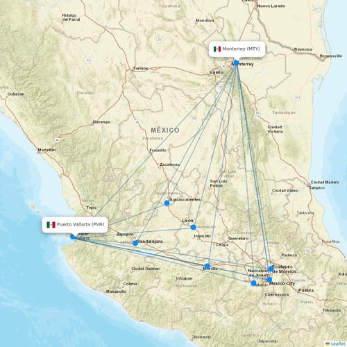 VivaAerobus flights between Puerto Vallarta and Monterrey